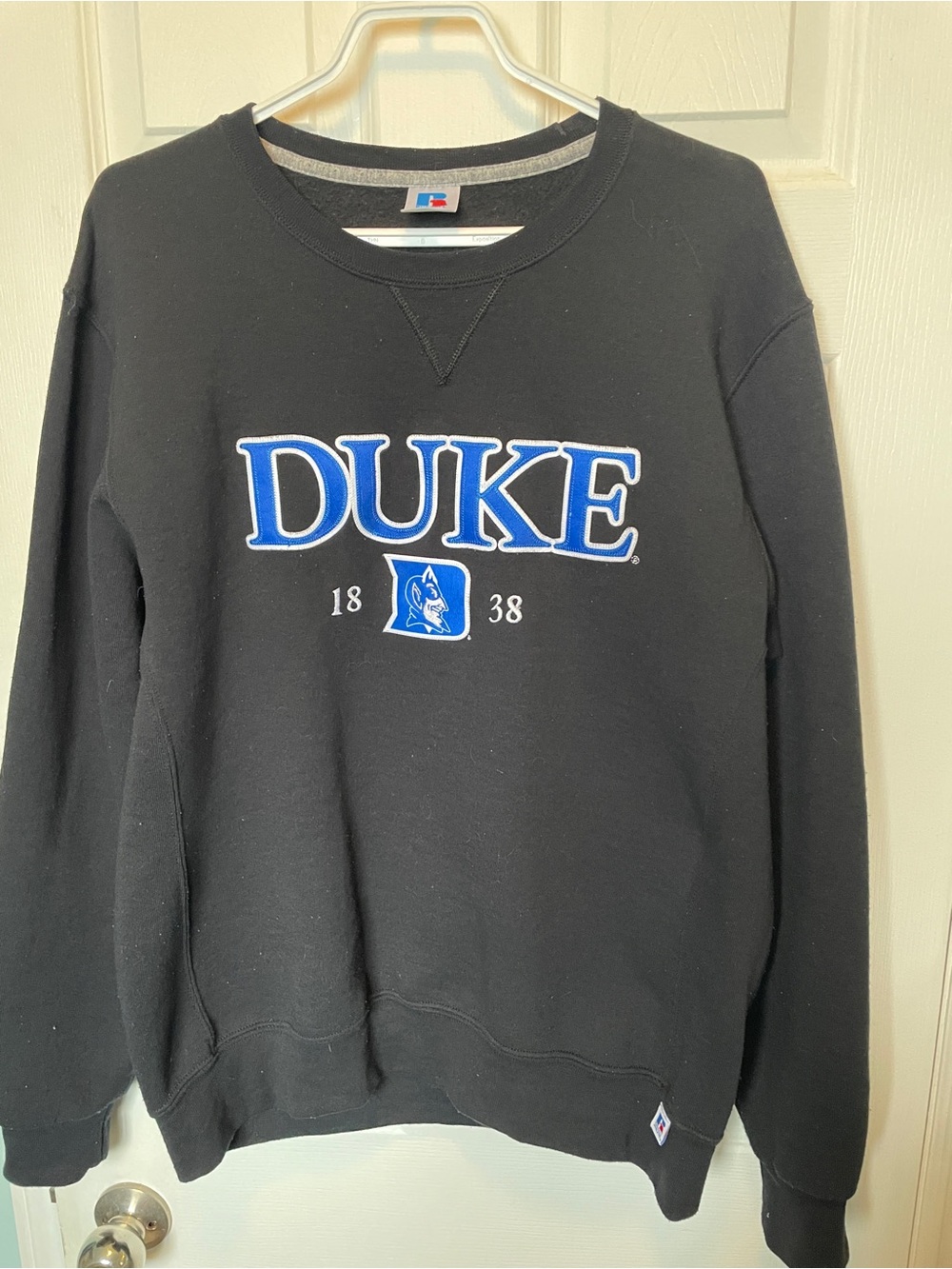 Russell Athletic Black Duke Crewneck Sweatshirt with Blue Lettering